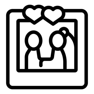 Evlilik fotoğrafında el ele tutuşan evli bir çiftin çizgi çizimi. Üzerlerinde iki kalp var.