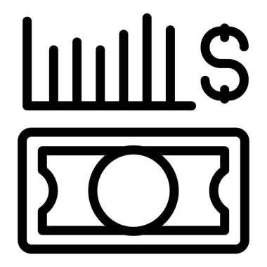 Bir bar grafiğinin çizgi sanat simgesi, bir banknotun üzerinde artan karı gösteriyor, finansal başarıyı simgeliyor.