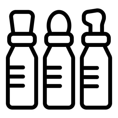 Değişik yaşlar ve beslenme ihtiyaçları için farklı tarzda meme uçları olan üç bebek şişesi ayakta duruyor.