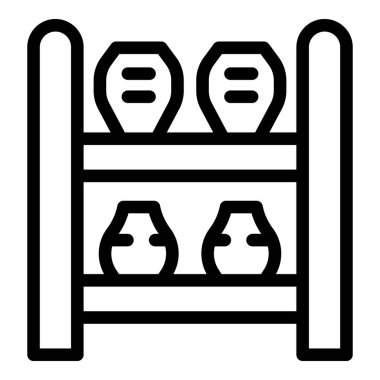 Ahşap raflarda kil kapları depolayan çömlek atölyesinin simgesi.