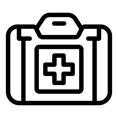 İlk yardım çantasını temsil eden siyah beyaz simge, acil tıbbi malzemelerin varlığını belirtmek için kullanışlı.
