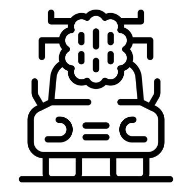 Cpu işlemci ünitesi olan bir arabanın çizgi simgesi, özerk kendi kendine çalışan bir aracı temsil ediyor