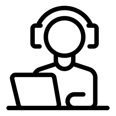 Kulaklıklı adam dizüstü bilgisayar simgesi, müşteri desteği, çevrimiçi asistan üzerinde çalışıyor