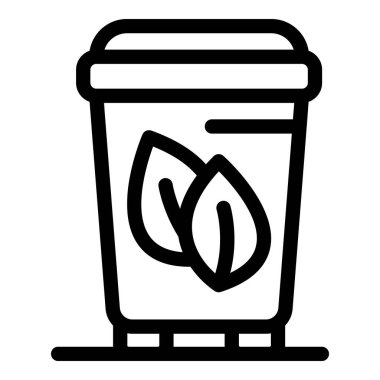 Yeşil çay yapraklı, biyo-ürünü temsil eden siyah-beyaz paket kâğıt bardağı simgesi.