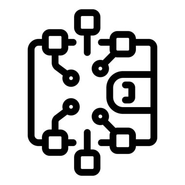 Şifreli para birimini ve engelleme teknolojisini temsil eden bir bilgisayar ağına bağlanan dijital cüzdanın simgesi