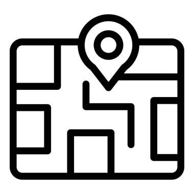 Şehir haritasında bir yeri gösteren bir konum iğnesinin basit siyah beyaz çizgi resim simgesi