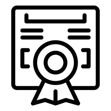 Kalite güvencesi ve sertifikayı temsil eden yuvarlak pul ve kurdeleli bir kağıt belgenin satır simgesi