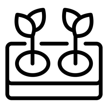 Kare bir çömlekte topraktan büyüyen iki fidyenin çizgi simgesi