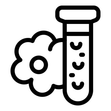 Bir test tüpünün çizgi sanat simgesi. Çiçek örneğini analiz ediyor, bilimsel araştırma ve deneyleri temsil ediyor.
