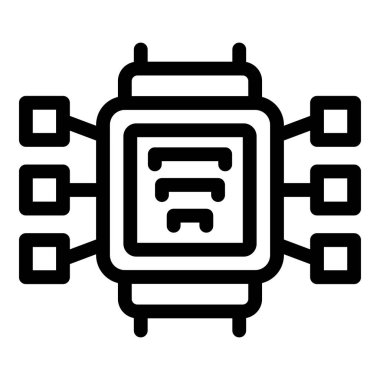 Çoklu bağlantıları olan veri akışını yöneten modern bir işlemci çipinin siyah ve beyaz simgesi