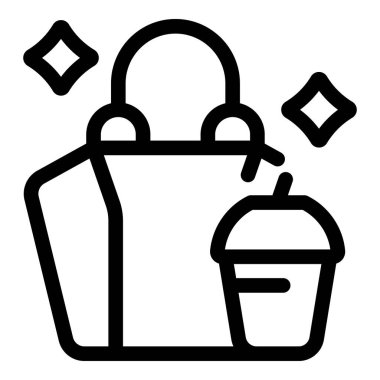 Bir alışveriş poşeti ve etrafında pırıltılar olan bir kahve fincanı.