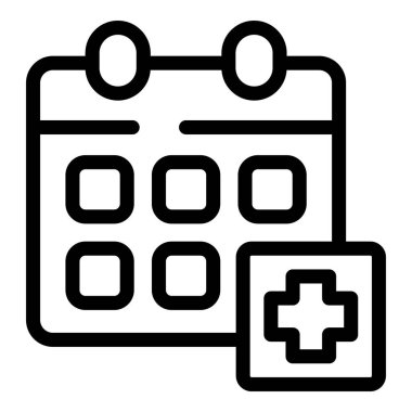 Zamanlanmış tıbbi kontrolü temsil eden çapraz sembollü bir takvimin basit çizgi simgesi