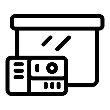 İş sunumları için projeksiyon ekranına ışık demetleri yansıtan bir projektörün çizgi simgesi