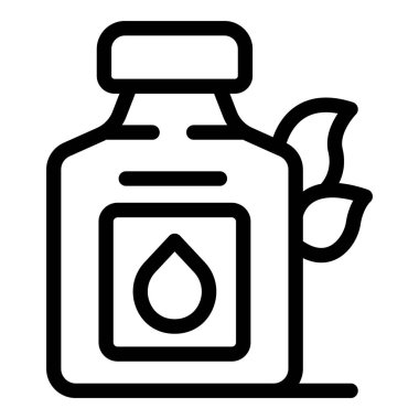 Damlası ve yaprakları olan bir şişe çizgisi simgesi, aromaterapi ve gevşeme için doğal gerekli yağları temsil ediyor.