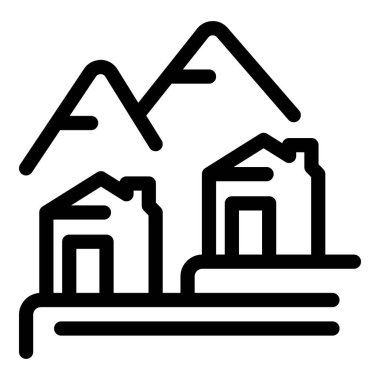 Bir dağ köyü emlak işini temsil eden çizgi sanat logosu. Dağların altında iki ev duruyor.