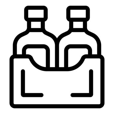 İki cam şişe taşıyan bir karton kutunun çizgi simgesi. İçeceklerin ambalajını, teslimatını veya depolanmasını temsil etmek için mükemmel.
