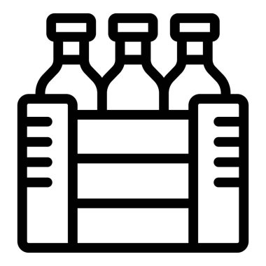 Tahta bir sandıkta duran üç şişenin çizgi simgesi. Teslimat veya içecek depolama için ideal.