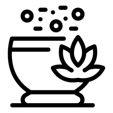 Bir aromaterapi kasesinin çizgi sanat ikonu rahatlatıcı bir koku yayıyor, rahatlamayı ve refahı sembolize ediyor