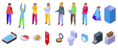 Sabah ayini simgeleri ayarlandı. İnsanlar sabah rutini seti. Uyanan, kahvaltı eden, dişlerini fırçalayan, jimnastik yapan, haberleri okuyan, kahve eşdeğerli 3D ikonlar içen insanlar.