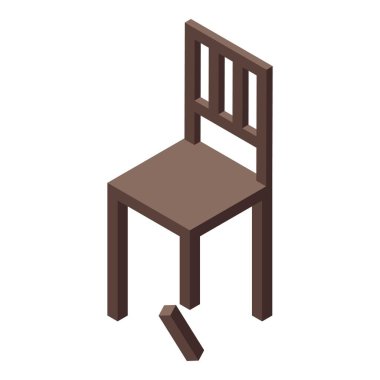 Kırık bacaklı kahverengi tahta sandalye yere düşüyor, izometrik simge