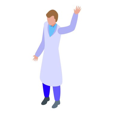 Laboratuvar önlüğü giyen dost canlısı erkek doktor selamlaşmak için elini sallıyor.