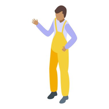 Beyaz arka planda el izometrik çizimiyle el hareketi yapan inşaat işçisi.