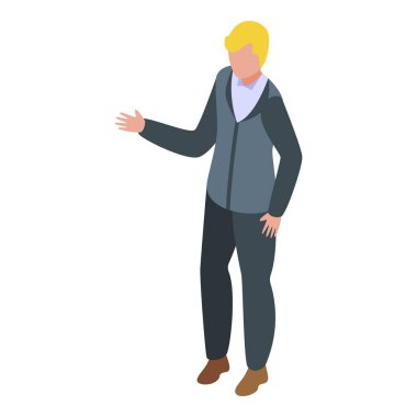 Genç işadamı eliyle bir şey gösteriyormuş gibi el kol hareketi yapıyor.