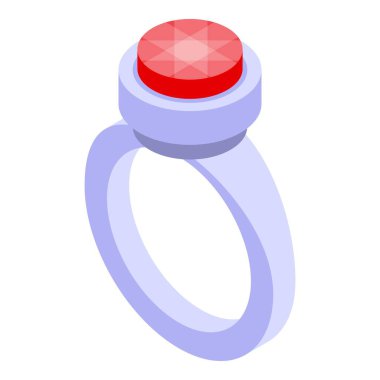 Gümüş yüzük, izometrik ikon tarzında pırıl pırıl kırmızı bir taş taşıyor.