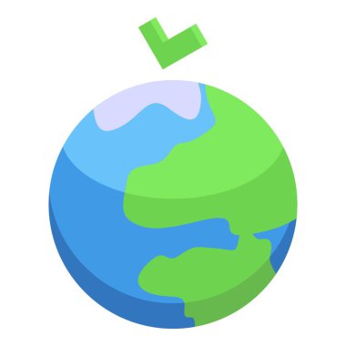 Yeşil kıtalara sahip karikatür dünyası ikonu ve yukarıda yeşil bir işaret, çevreciliği ve sürdürülebilirliği temsil ediyor.