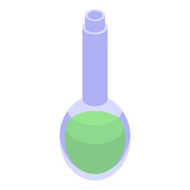Yuvarlak alttaki şişe muhtemelen bilimsel bir deney veya analiz için yeşil kimyasal bir çözelti içeriyor.