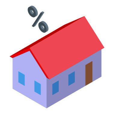 Faiz oranı kavramını tasvir eden yüzdelik sembollü bir evi temsil eden Isometric simgesi