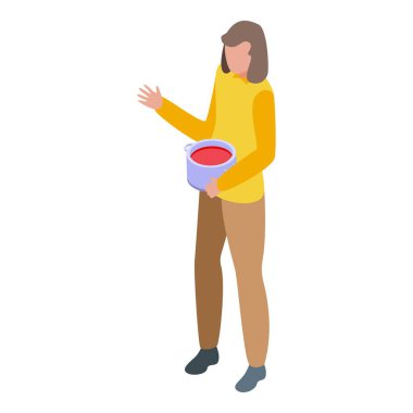 Beyaz arka planda izole edilmiş kırmızı izometrik ikonu olan saksıyı tutan genç bir kadın.