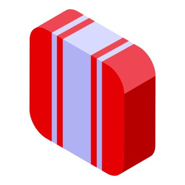 İzometrik görünümde beyaz zemin üzerinde mavi çizgili folyoya sarılı kırmızı şeker çubuğu