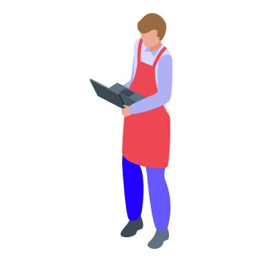 Çevrimiçi market çalışanı kırmızı önlük takıyor ve emirleri yerine getirmek için dizüstü bilgisayar kullanıyor.