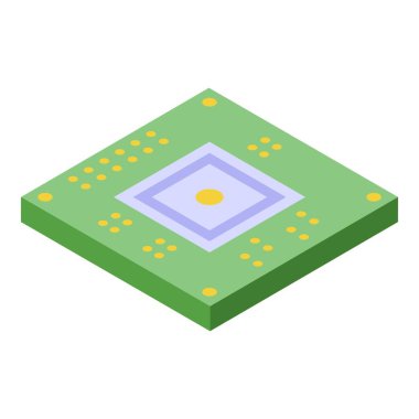 Bilgisayar gücünü ve dijital teknolojiyi temsil eden sarı çekirdekli yeşil bir bilgisayar çipinin Isometric çizimi