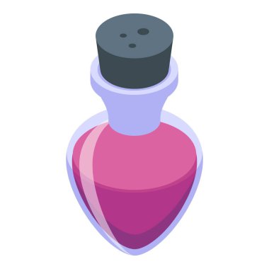 Pembe bir sıvı içeren ve tıpa tıpası ile kapatılmış cam şişe, iksiri, iksiri veya kimyasal çözeltileri temsil etmek için mükemmel