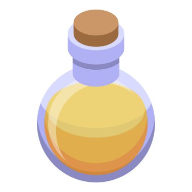 Parlak sarı sıvı içeren yuvarlak cam şişe tıpa durdurucu izometrik çizim