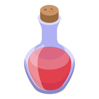 Kırmızı iksir içeren cam matara, izometrik görüntüde mantar tıpası ile kapatılmış.