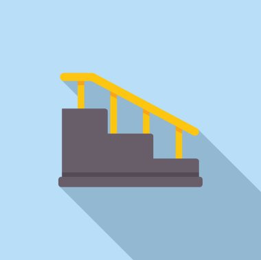 Kısa merdivenler sarı korkulukla yukarı çıkıyor, düz dizaynlı ve uzun gölgeli.