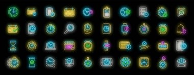 Süre simgeleri dış hat vektörünü ayarlar. Gelecek zaman. Şimdiki yıl siyah üzerine neon rengi