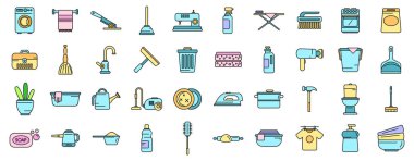 Ev işleri simgeleri ana hatları belirler. Temiz yüzey. Tabak yıkama ince çizgi beyaz üzerine düz renk