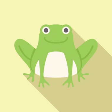 Mutlu, gülümseyen, yeşil kurbağa açık yeşil arka planda uzun bir gölgeyle oturuyor.