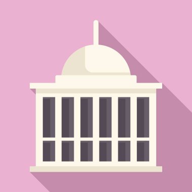 Sütunları ve kubbesi olan beyaz hükümet binası pembe arka plana uzun bir gölge düşürüyor.