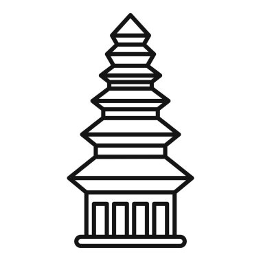 Çok katmanlı çatısı olan geleneksel bir Asya tapınak binasının çizgi çizimi