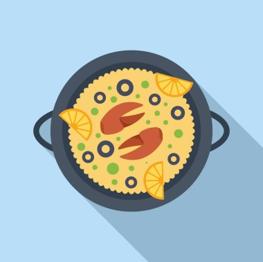 Geleneksel İspanyol paella tabağı safran pilavlı, karidesli, bezelyeli ve zeytinli. Paella tavasında servis ediliyor.