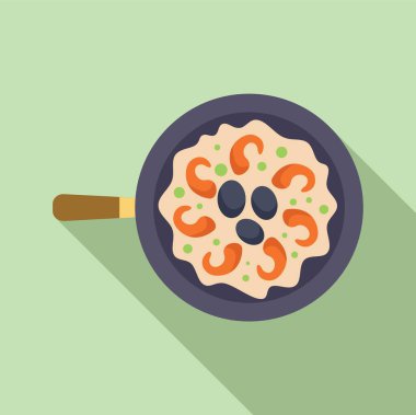 Karidesli, zeytinli ve bezelyeli kremalı risotto tavada pişiyor.