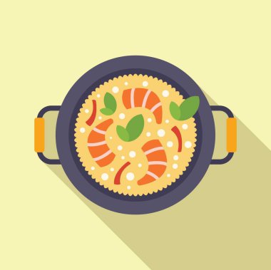 İçinde karides ve otlarla süslenmiş geleneksel İspanyol pilav tabağı olan paella.