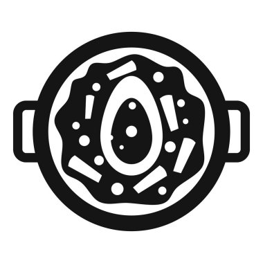 Büyük bir tencerenin siyah ve beyaz ikonu lezzetli bir çorba, sebze ve et kaynıyor.