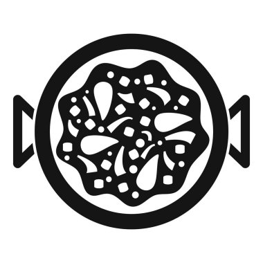 Lezzetli İspanyol yemekleriyle dolu, beyaz bir arka planda izole edilmiş paella tavasının basit silüeti.