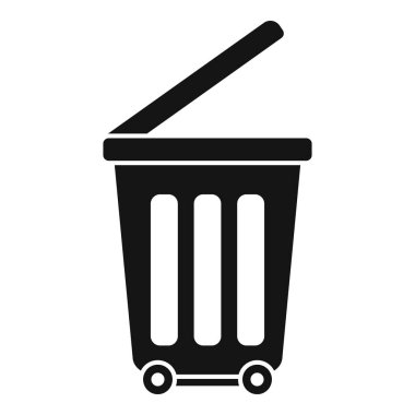 Çöp ve atık geri dönüşümü için tekerlekleri olan siyah konteyner açık duruyor